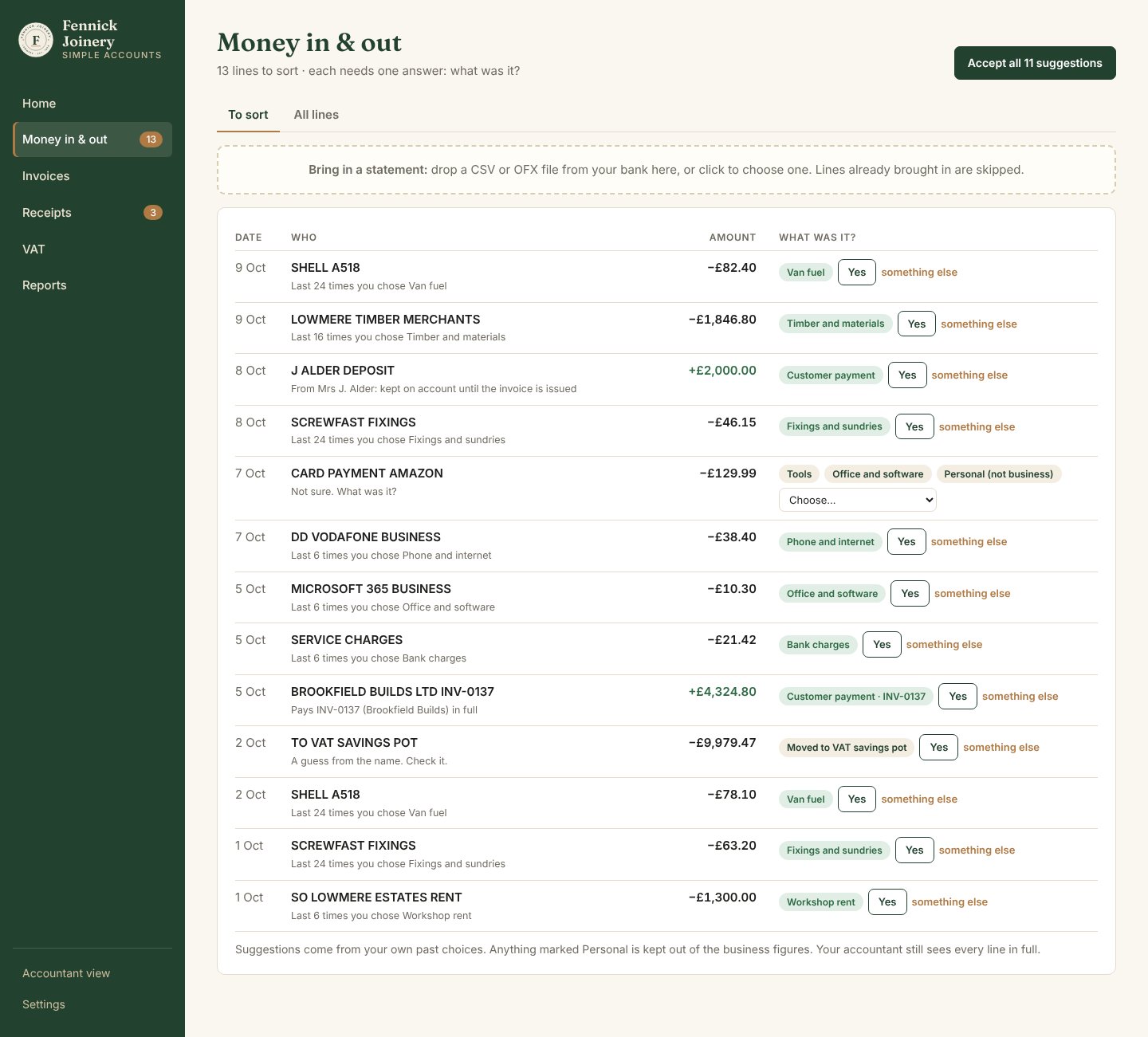 Simple Accounts screen