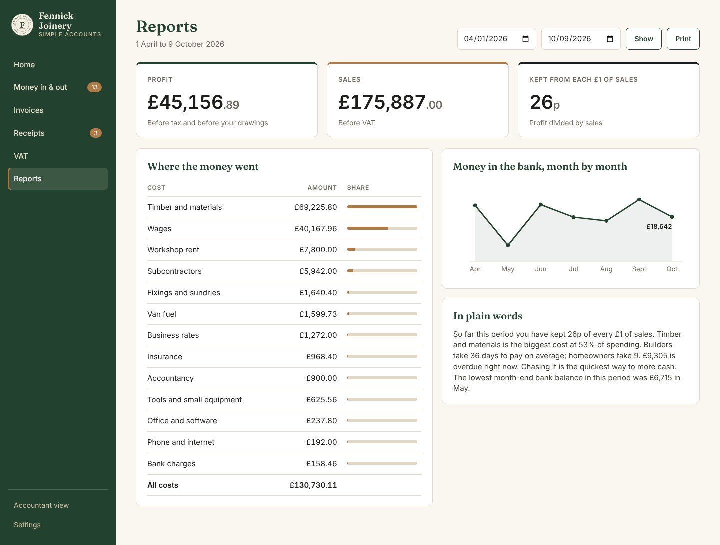 Simple Accounts screen