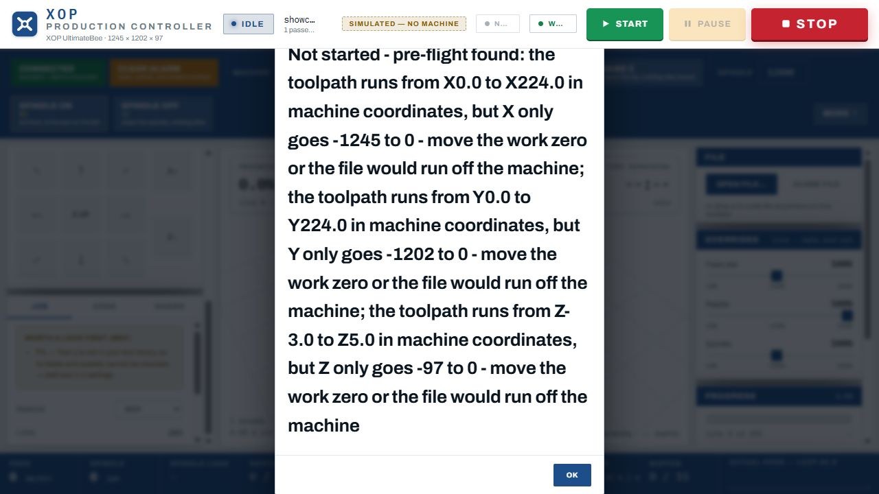 CNC controller preflight screen