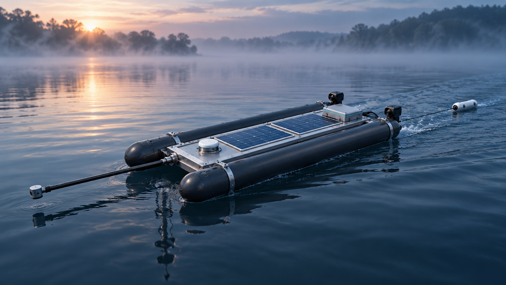 OCUM twin-hull survey platform design visualisation on a misty waterway